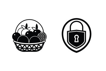 Black and white vector illustrations of a fruit basket and a secure lock on white background