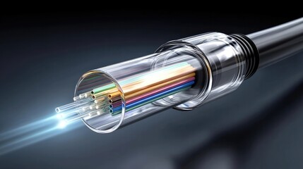 High speed glowing fiber optic cable emitting digital light pulses in abstract network background. Concept of fast internet, data transfer, and modern communication technology.
