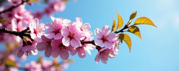 Obraz premium Pink cherry blossoms abundant on branch, vibrant blue sky, lush green leaves , sunlight, pastel