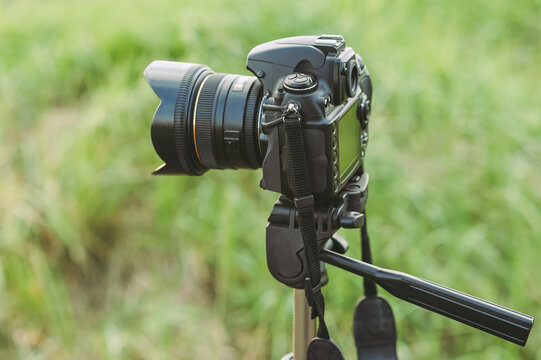 Closeup Professional photo video camera. Grass background.