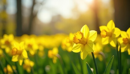 Fototapeta premium Sun-drenched daffodil field, vibrant yellow blooms, spring meadow, beauty, flowers