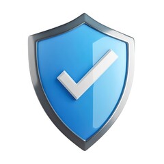 Blue shield with checkmark symbol for protection isolated on white background
