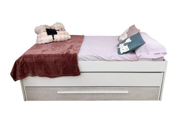 teen single bed with pillows isolated on white background