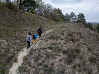 Obraz premium Mother and two children hiking through wild nature on a cloudy day. They walk up a grassy hill surrounded by bushes and rocks, enjoying time together in a natural environment