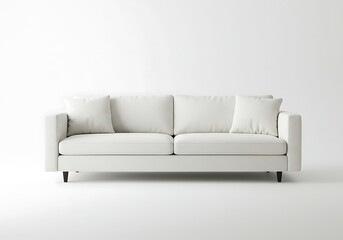 Fototapeta premium A white sofa with two cushions against a white wall in a studio setting with a minimalist aesthetic