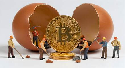 Golden Bitcoin Inside Cracked Eggshell with Miniature Workers Mining on White Background