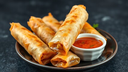 Crispy golden egg rolls served on a dark plate with a side of vibrant red dipping sauce.