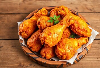 Golden-brown fried chicken drumsticks arranged on a rustic wooden platter, party,  restaurant