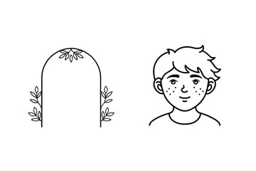 Illustration of a smiling boy with freckles and a decorative arch with leafy accents