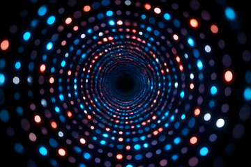 An abstract image features a swirling tunnel or vortex created by glowing blue and orange lights leading to darkness