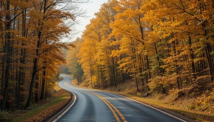 Obraz premium Autumnal Road Through Golden Forest