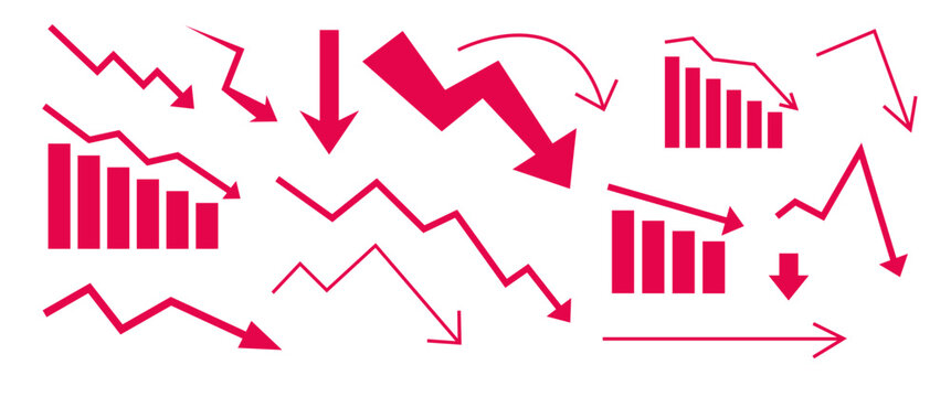 Set of red arrow going down stock icon. Symbol of downward arrow graph. Symbol of down arrow market graph
