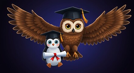 Naklejka premium Owl and Penguin Celebrating Graduation with Diploma