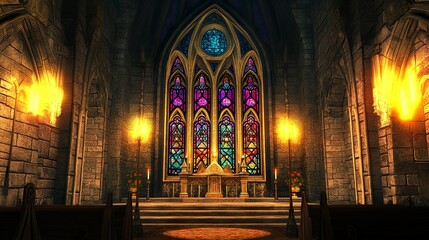 Ornate Gothic nave glowing under candlelight, vibrant stained glass windows diffusing color onto carved stone walls, dramatic symmetrical angle. 