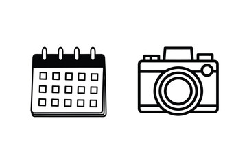 Simple black and white calendar and camera icons representing scheduling and photography concepts