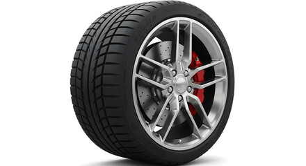 Obraz premium Isolated Black Radial Tire with Shiny Silver Rim and Red Calipers on White Background for Automobile Enthusiasts