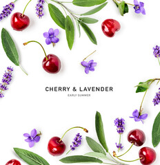 Cherry, lavender and violet flowers photography isolated on white background.
