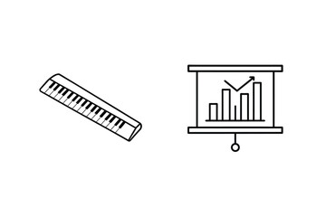 Musical piano keys and presentation chart showing business growth and analytics