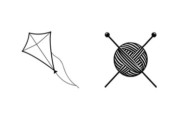Minimalist black and white illustrations of kite and yarn for crafting and play