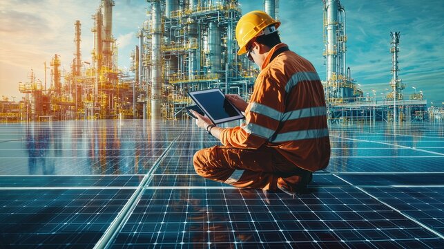 Worker analyzing solar energy data on site.