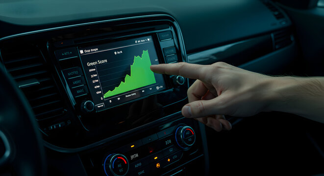 Man's Hand Touches Digital Dashboard Screen Displaying Green Upward Trending Graph in a Car Interior