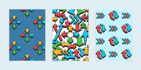 Set of three posters with colored arrows pointers. Vector illustration in pixel style