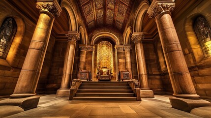 Obraz premium Ornate throne room, grand stone pillars rise to a vaulted ceiling, a throne with intricate carvings sits atop wide stone steps, soft golden light highlights the grandeur, wide-angle view. 