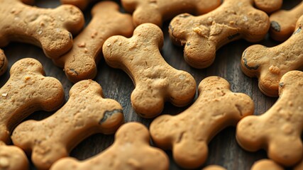 Fototapeta premium A close-up shot reveals numerous delicious bone-shaped dog biscuits arranged on a rustic wooden surface.