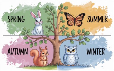 Four-Part Seasonal Tree with Cute Forest Animals and Painted Backgrounds.