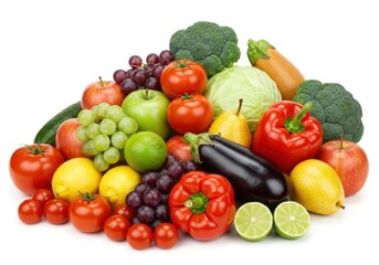 Assortment of colorful fresh fruits and vegetables on a white background