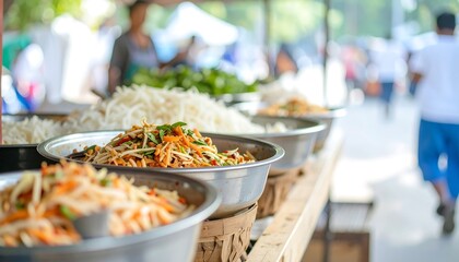 Delicious Asian Street Food Close up of Spicy Salads in Bowls at a Busy Market