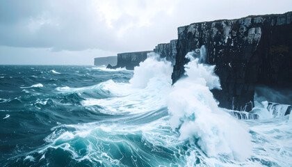 Dramatic Ocean Waves Crashing Against Rugged Cliffs Stormy Seascape