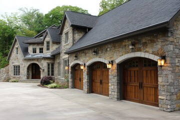 Designer home with split garage doors and custom stone --ar 3:2 --v 7 Job ID: 64b26e7c-fc8d-465c-8587-8c166815570c