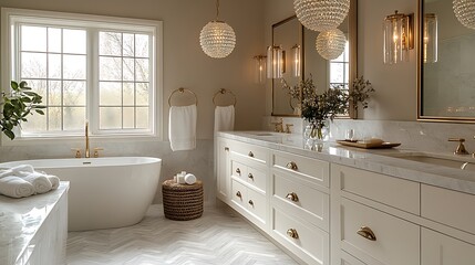 Luxury bathroom design white cabinets gold fixtures high resolution image