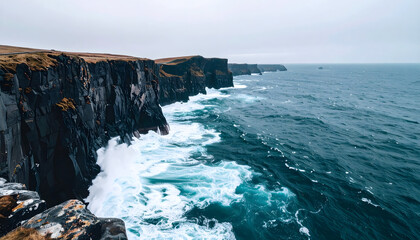 Dramatic Ocean Waves Crashing Against Rugged Cliffs Coastal Landscape Ireland