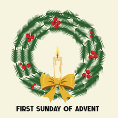 First Sunday of Advent with Candle in Wreath – Christmas Season Illustration