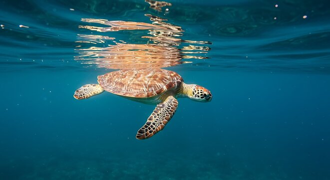 Sea Turtle Swimming Underwater in Ocean