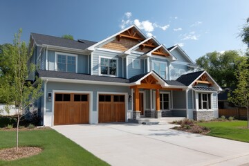 Dual garage home with cedar accents and light blue siding --ar 3:2 --v 7 Job ID: e6d89b3c-557d-4f72-a0d4-d6b8e99c44d1