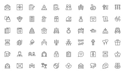 Wedding outline Icon set. Contains such icons as Wedding, Heart, Love, Wedding Dress, Engagement Ring, Photography, Church, Wedding Gift, Dancing, Music, Flowers. Editable Stroke