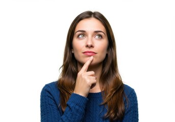 Naklejka premium Young woman in blue sweater looking up with finger on chin in thought