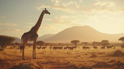 Elevated giraffe above herd of antelopes on dry African savannah, long shadows stretching beneath pastel sunrise skies and scattered trees