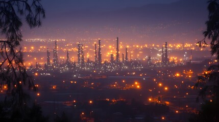 Fototapeta premium A city skyline at dusk with a large smoke plume rising from a nearby industrial plant. The smoke is dark and billowing, creating a sense of pollution and industrial activity