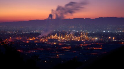 A city skyline at dusk with a large smoke plume rising from a nearby industrial plant. The smoke is dark and billowing, creating a sense of pollution and industrial activity
