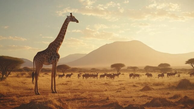 Elevated giraffe above herd of antelopes on dry African savannah, long shadows stretching beneath pastel sunrise skies and scattered trees
