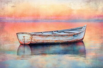 Fototapeta premium A weathered wooden rowboat serenely floats on calm, colorful sunset waters.