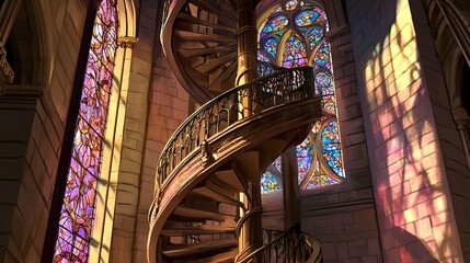 Obraz premium Spiral staircase rises within a Gothic hall, sunlight filters through ornate stained glass, casting vibrant shadows on stone walls, wide framing emphasizes architectural detail. 