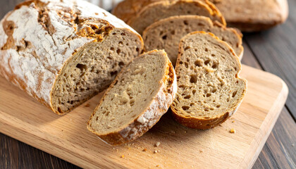 Rustic Sourdough Bread Loaf Slices on Wooden Cutting Board Close up View