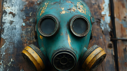 Close-up of old green gas mask resting on a weathered wooden table
