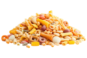 A colorful jumble of uncooked unique pasta shapes piled high on a white backdrop