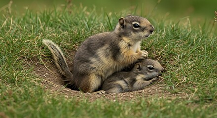Fototapeta premium Squirrel Family at Burrow Entrance in Grassy Field
